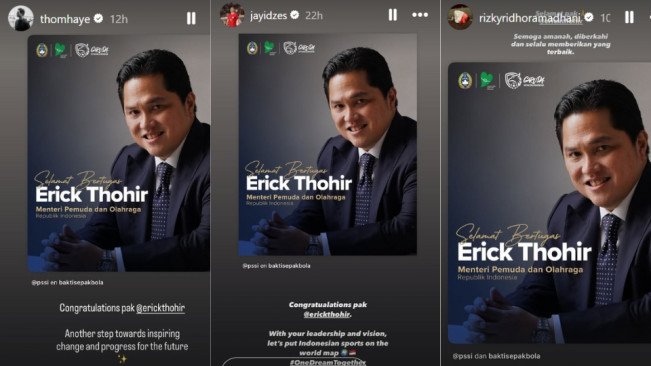 Ucapan selamat penggawa Timnas Indonesia kepada Erick Thohir atas pengangkatan sebagai Menpora.